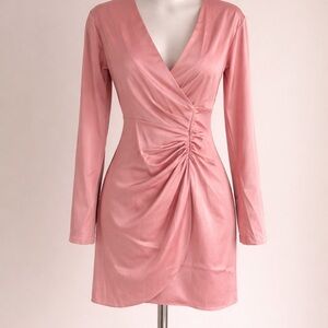 Long Sleeve Pink Ruched Wrap Mini Dress